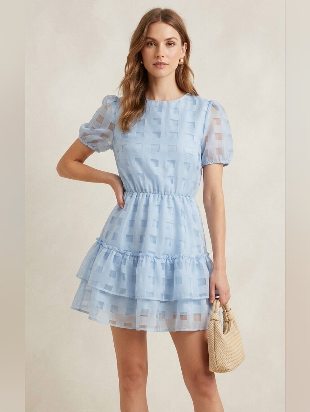 She + Sky Blue Mini Dress Tiered Puffy Sleeves Sz L